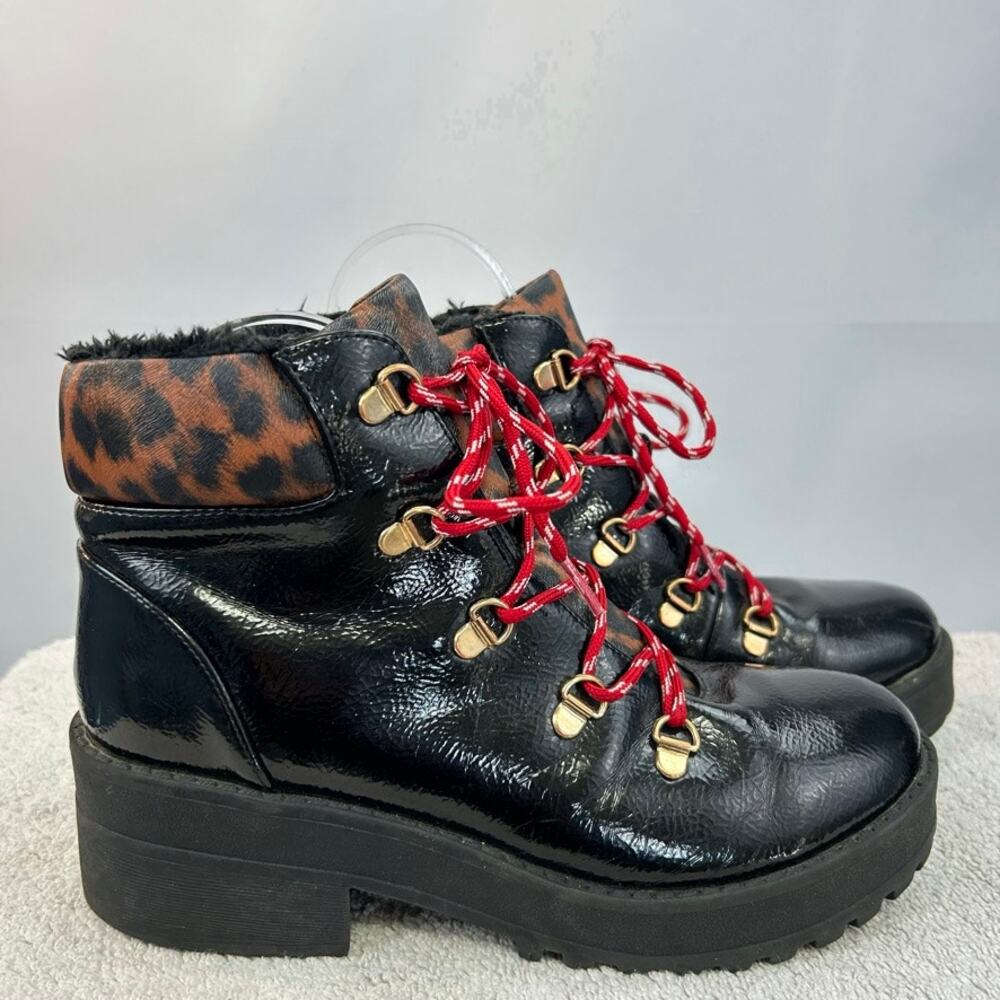 Call It Spring Vegan Patent Leather Winter Lace Boot Sz 8